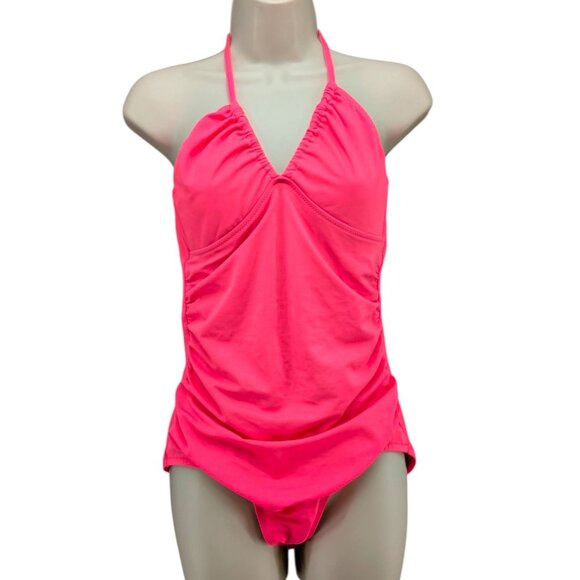 J.CREW Halter One Piece Swimsuit Womens Hot Pink V Neck Size 8 - Picture 1 of 6